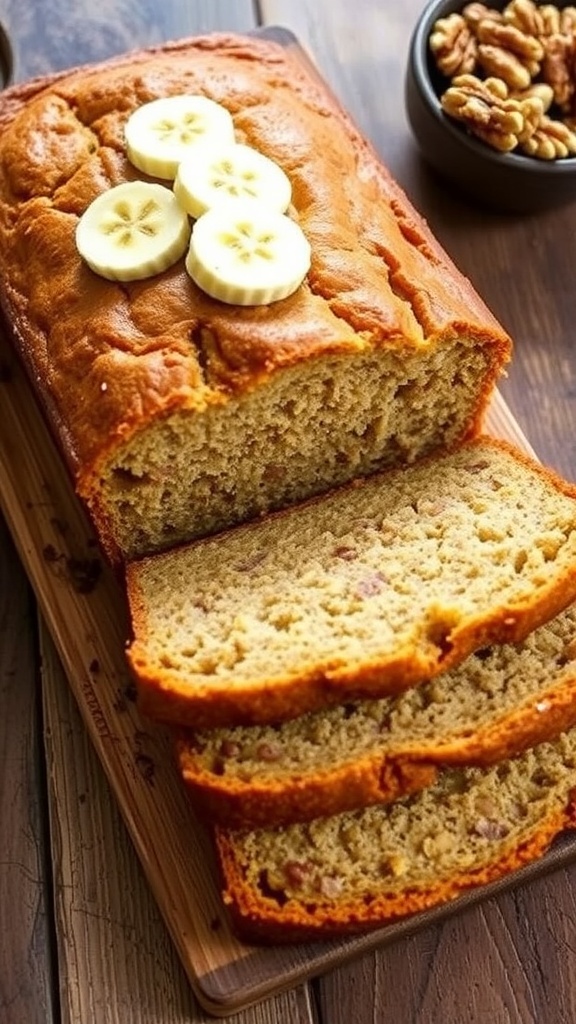 Sliced keto almond flour banana bread on a wooden table with walnuts, showcasing its moist texture.